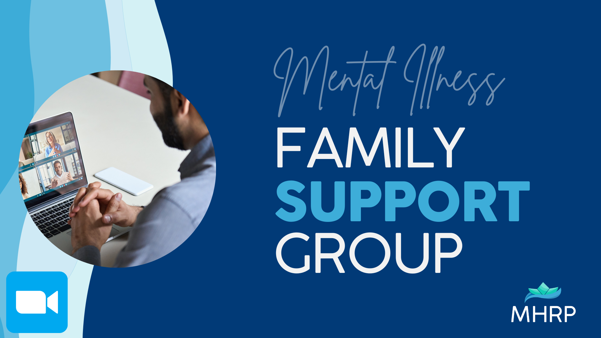 Online Family Support Group. An individual sitting in front of a laptop participating in a conversation.