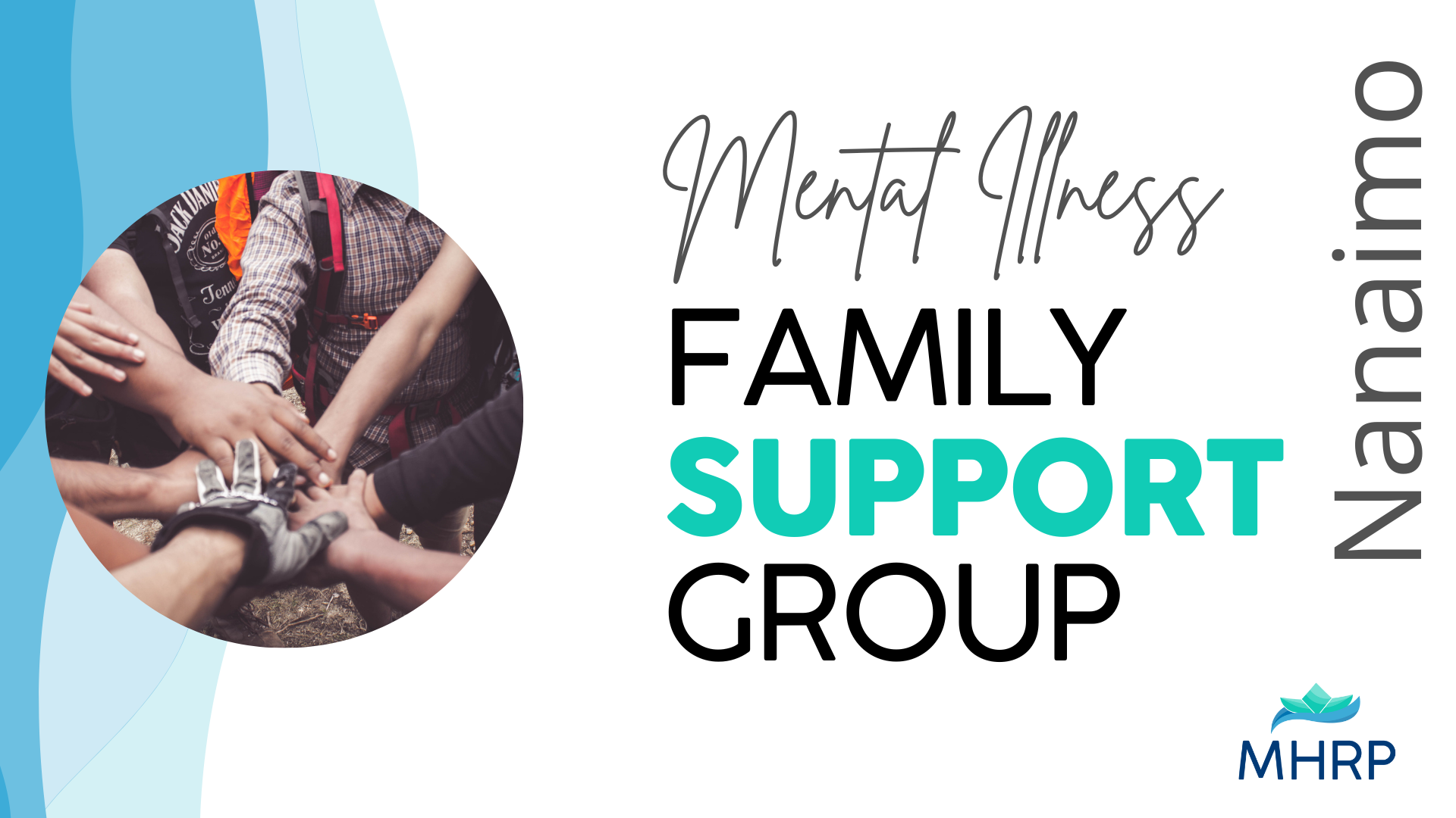 Family Support Group. A group of people putting their hands together in support.