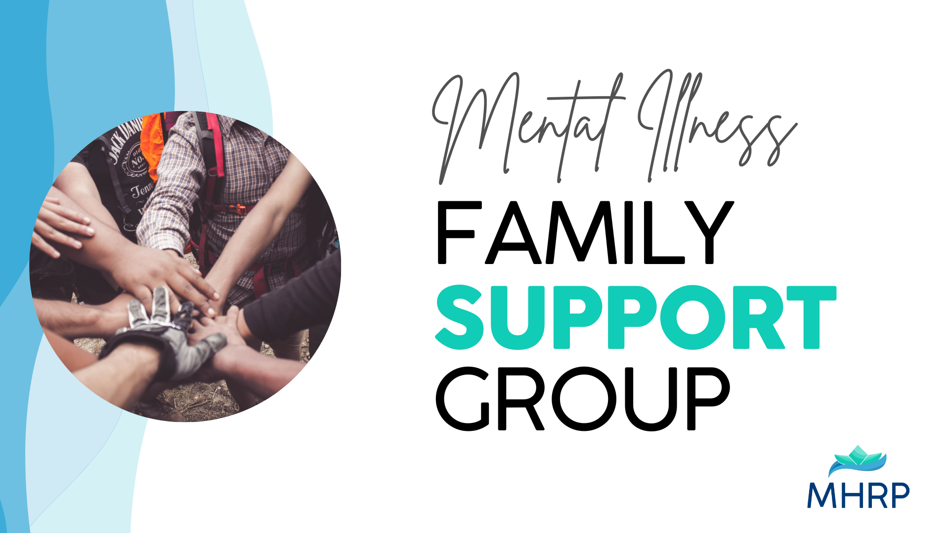 Family Support Group. A group of people putting their hands together in support.