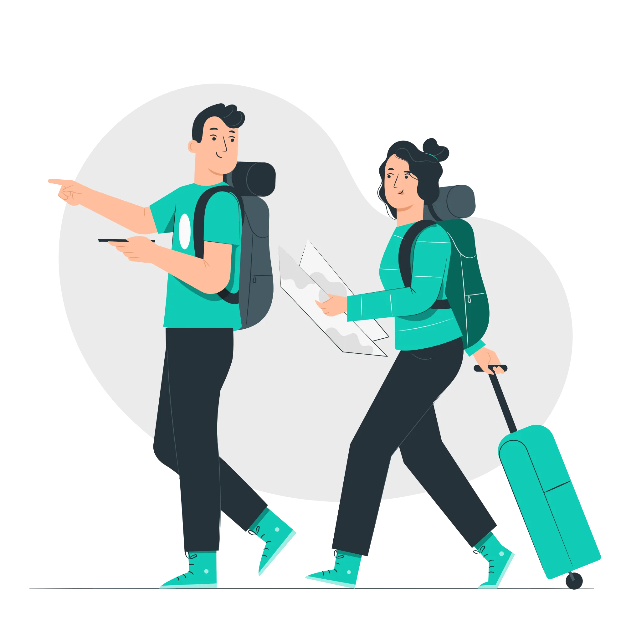 Two people walking on a trip together, one with a backpack and the other with a suitcase.